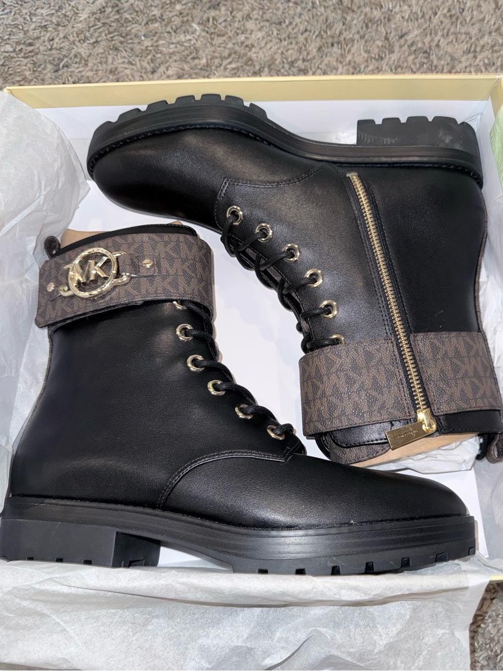 NWT Michael Kors Rory Lace-Up Combat Booties Black Brown MK Logo Size 9
